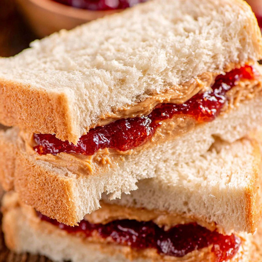 A stack of peanut butter and jelly sandwiches.