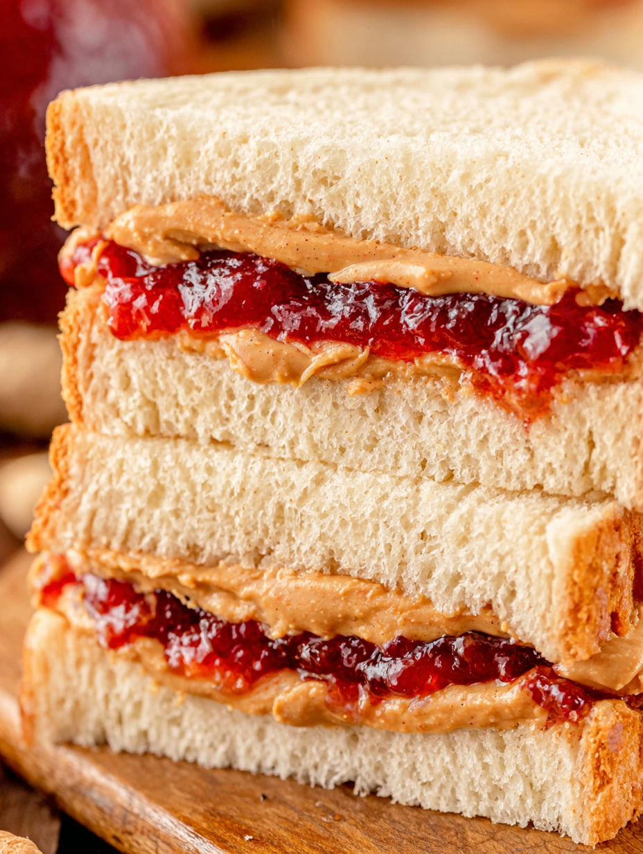 A stack of peanut butter and jelly sandwiches.