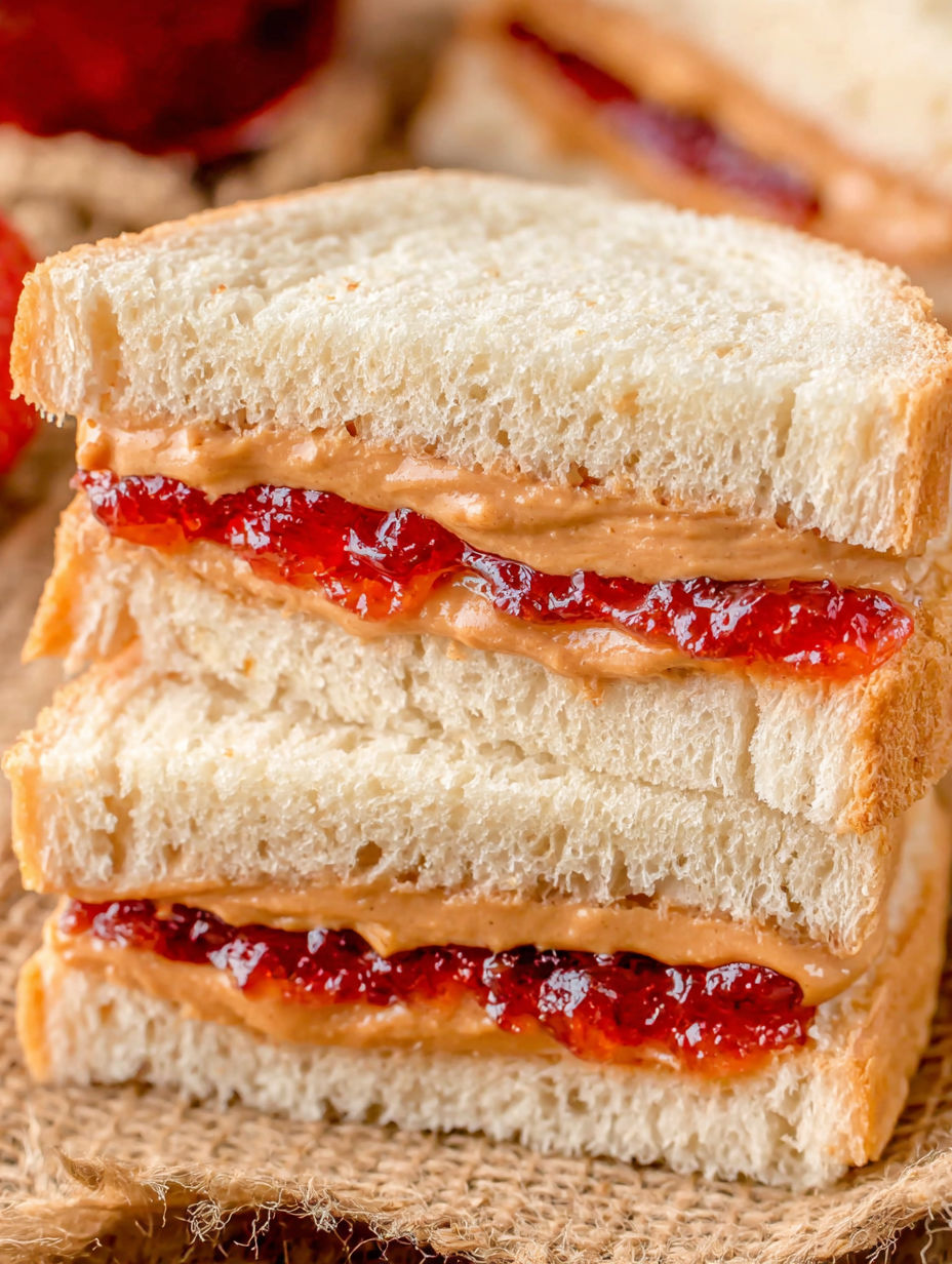 A stack of peanut butter and jelly sandwiches.