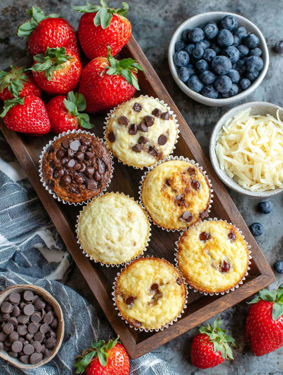 A wooden tray with six different flavored muffins.