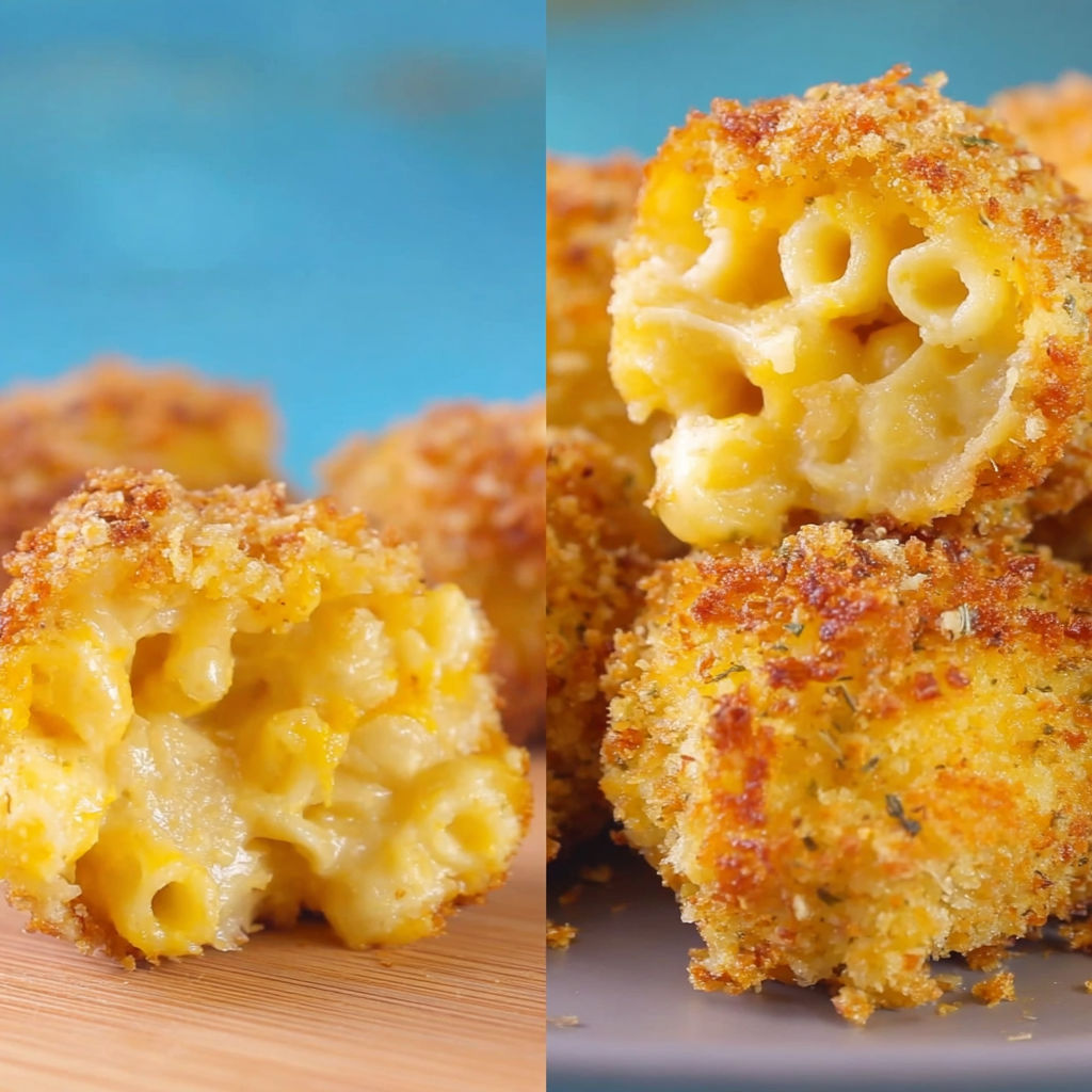 A close up of a crispy baked mac and cheese bite.