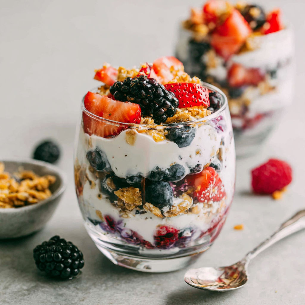 A glass of yogurt parfait with berries and granola.