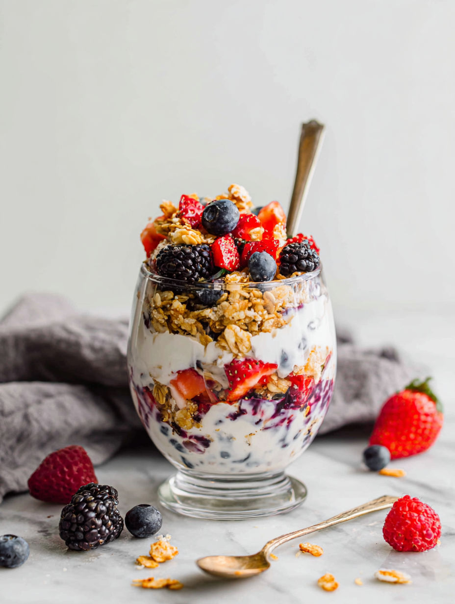 A glass bowl filled with a mixture of berries, granola, and yogurt.