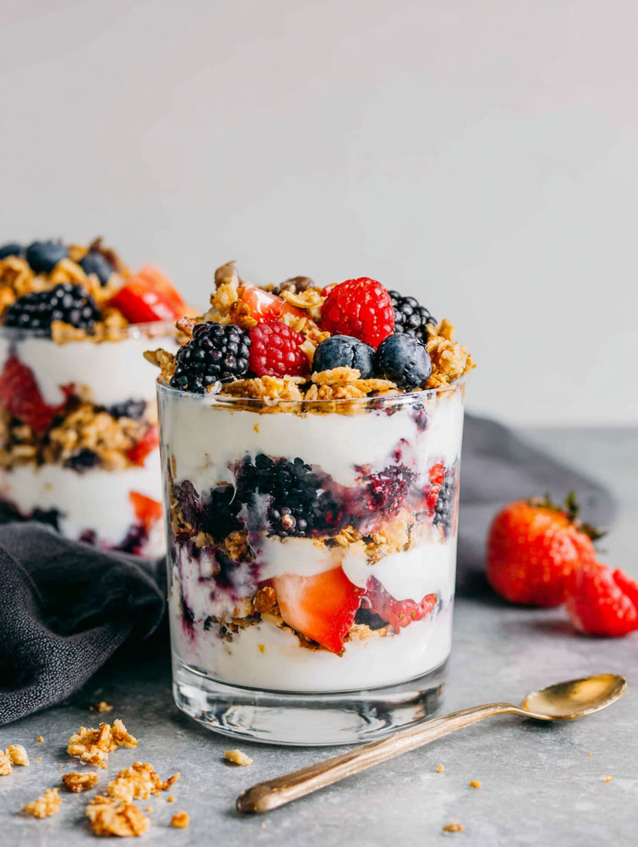A glass of yogurt with berries and granola.