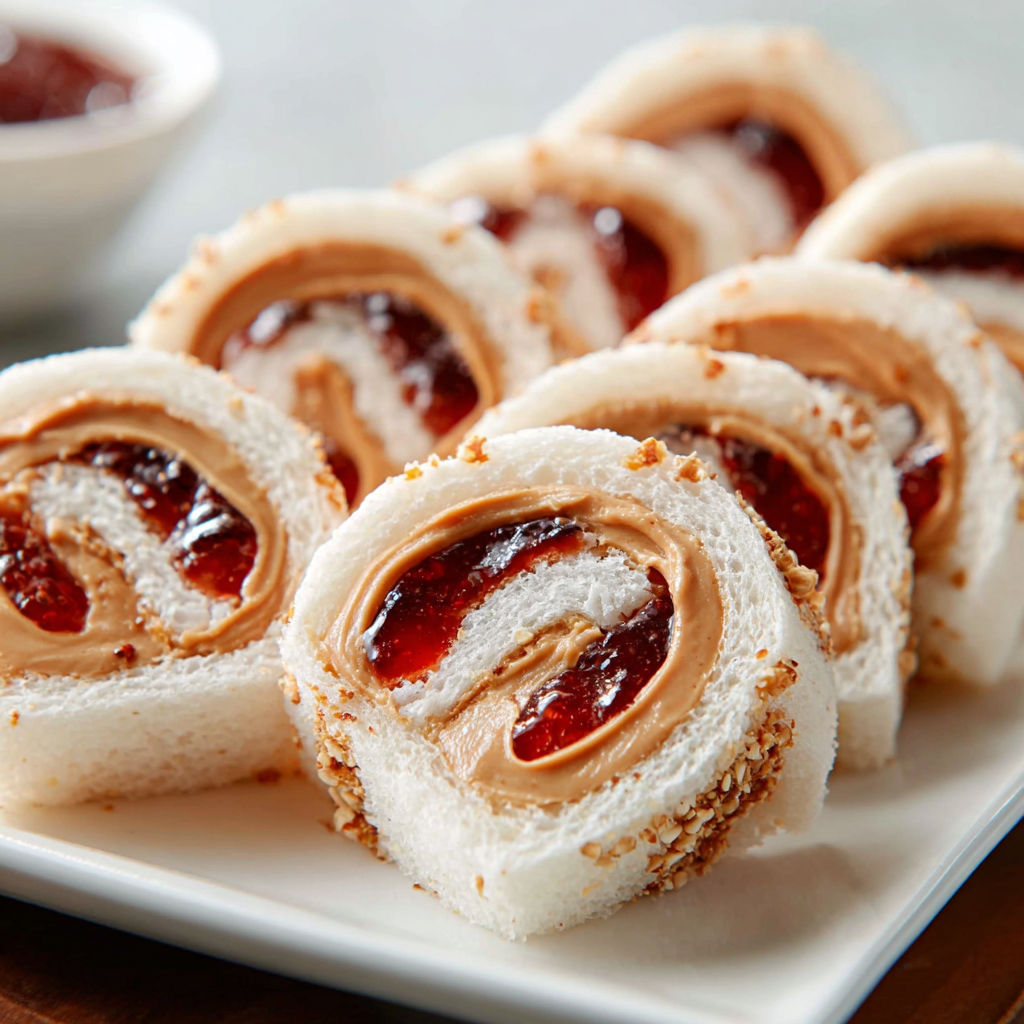 A plate of peanut butter and jelly sushi rolls.