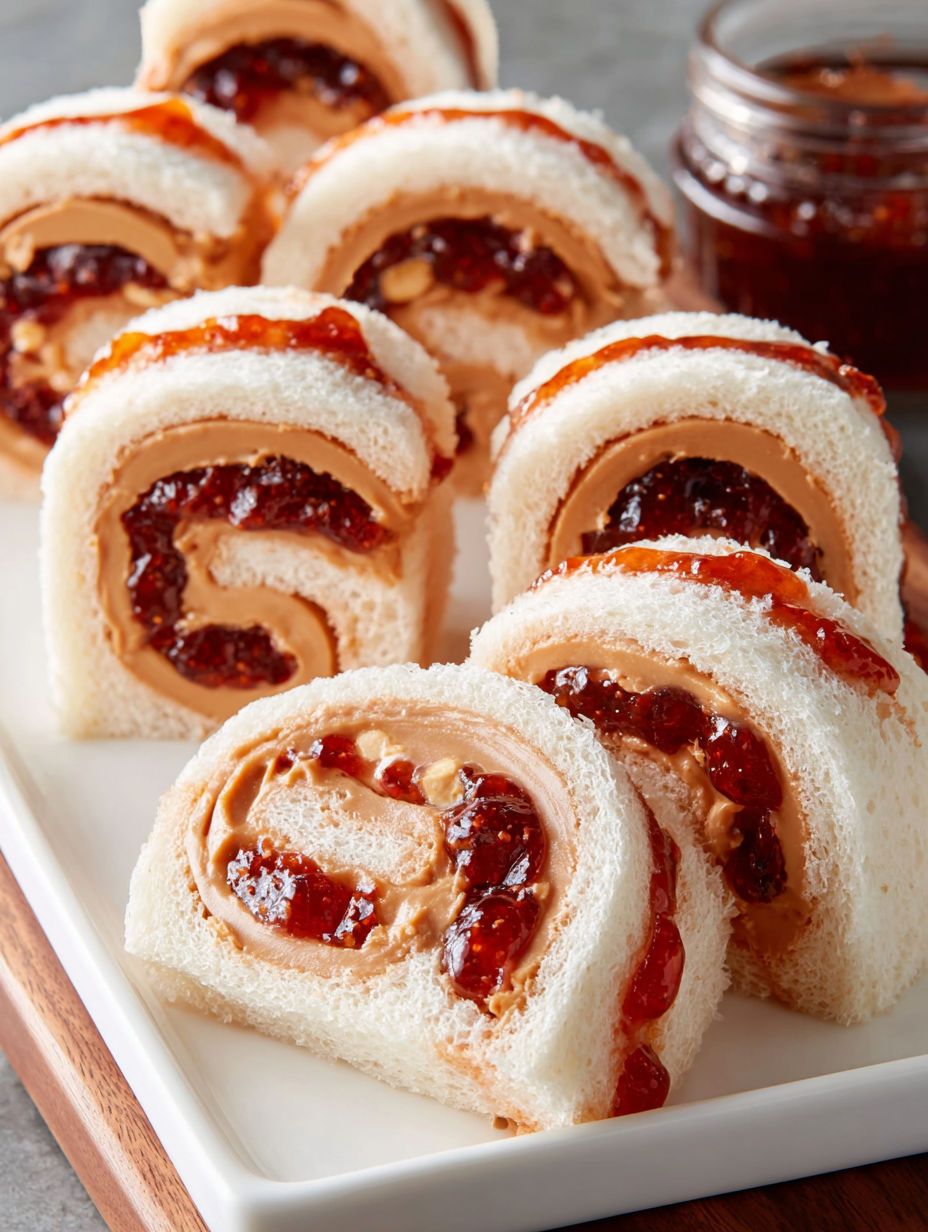 A plate of sushi rolls with peanut butter and jelly.