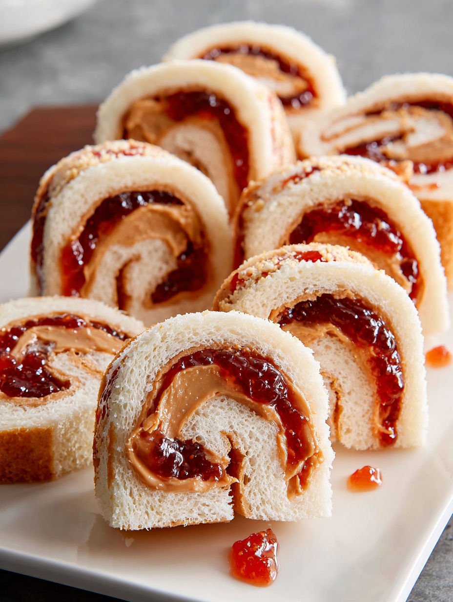 A plate of peanut butter and jelly sushi rolls.