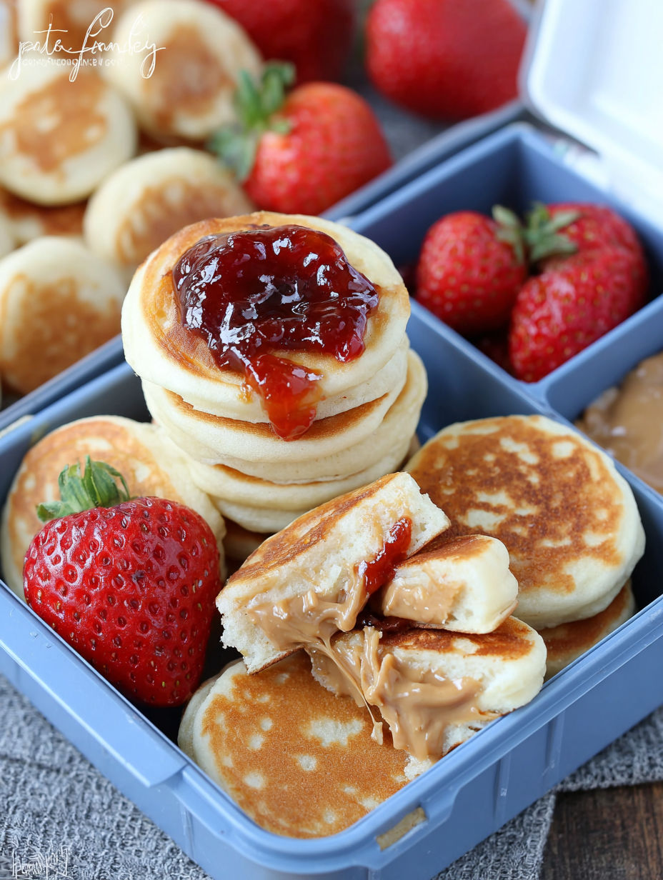 A stack of mini pancakes with peanut butter and jelly on top.