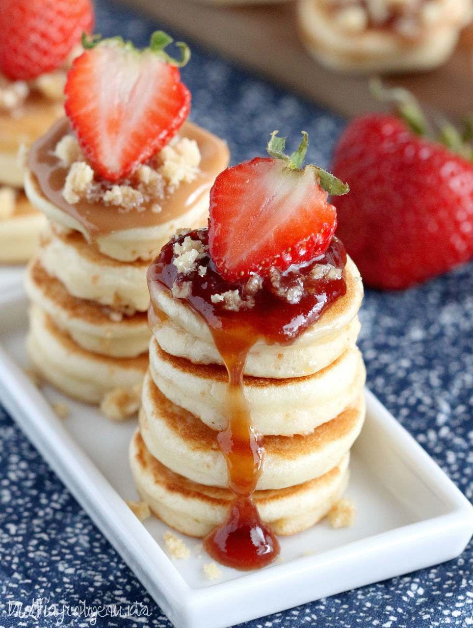 A stack of mini pancakes with peanut butter and jelly on top.
