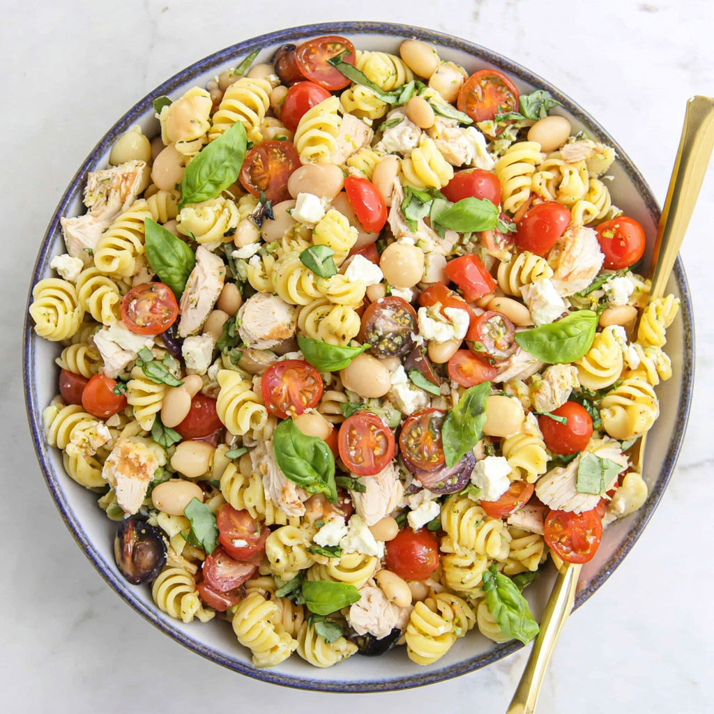 A bowl of pasta salad with chicken, tomatoes, beans, and spinach.