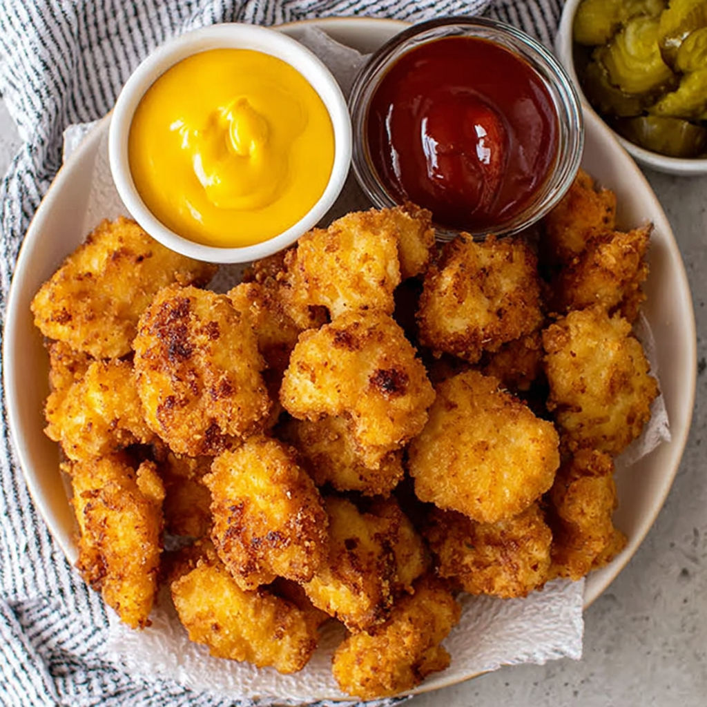A plate of chicken nuggets with a dipping sauce.