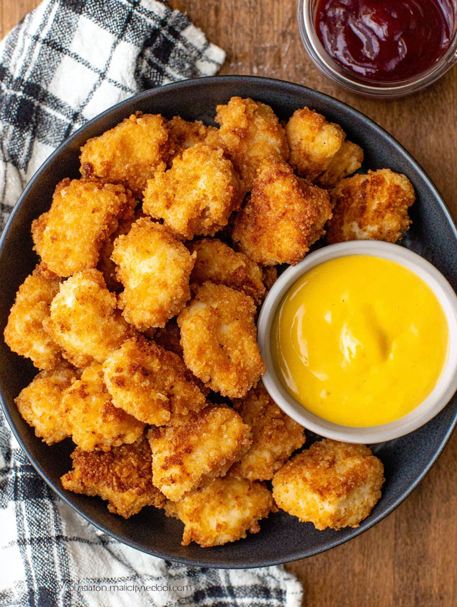 A bowl of chicken bites with a yellow dipping sauce.