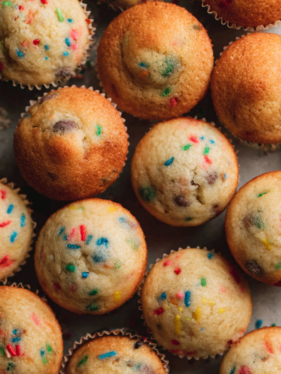 A tray of colorful cupcakes with sprinkles.