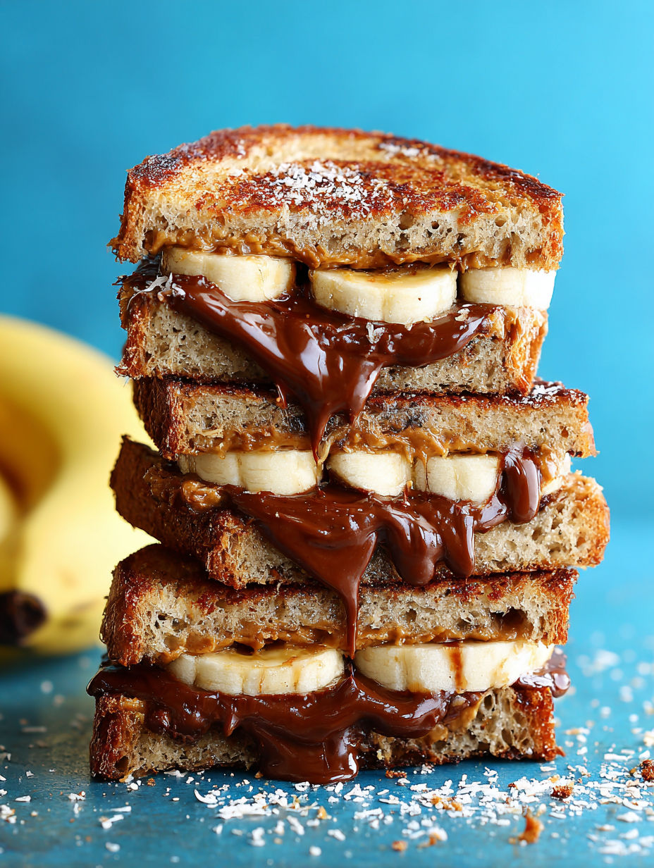 A stack of grilled banana sandwiches with chocolate drizzled on top.