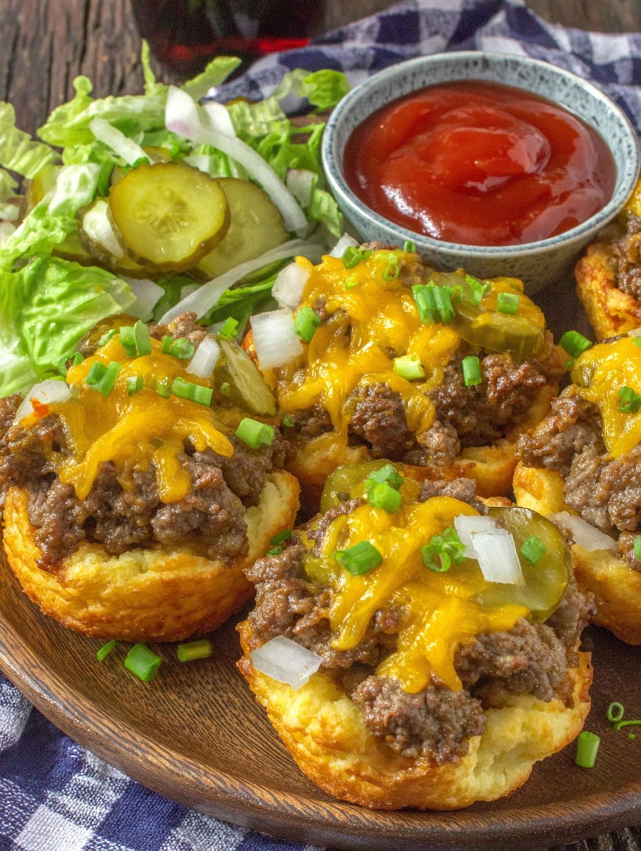 A plate of cheeseburger cups with lettuce and pickles.