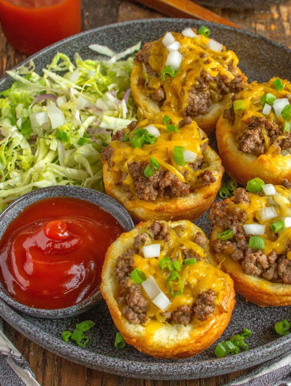 Cheeseburger cups with lettuce and cheese.
