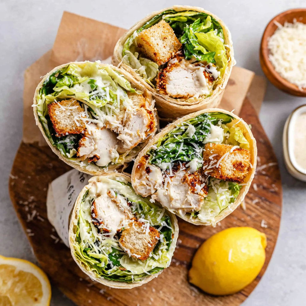 A chicken Caesar wrap is displayed on a wooden cutting board.