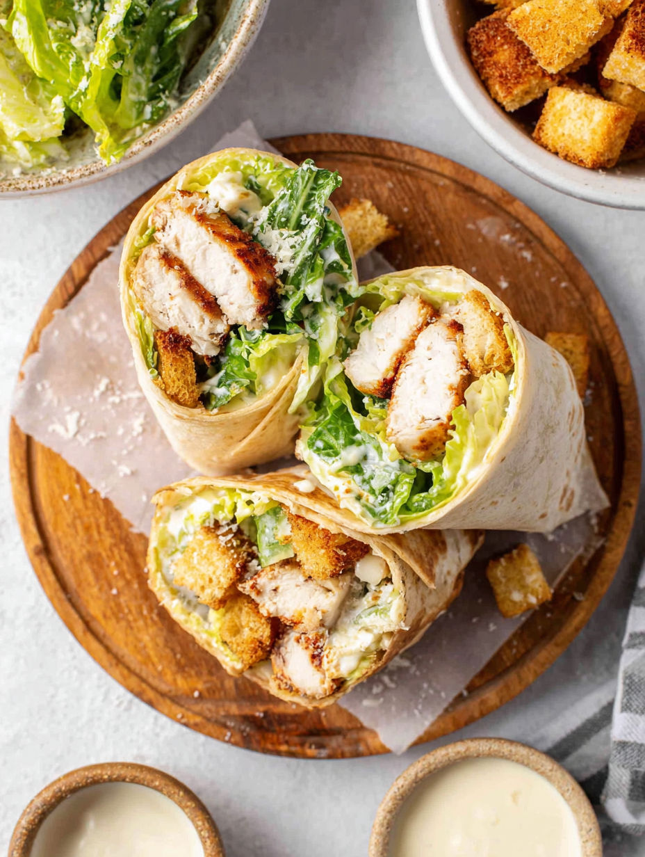 A chicken Caesar wrap is on a wooden board.