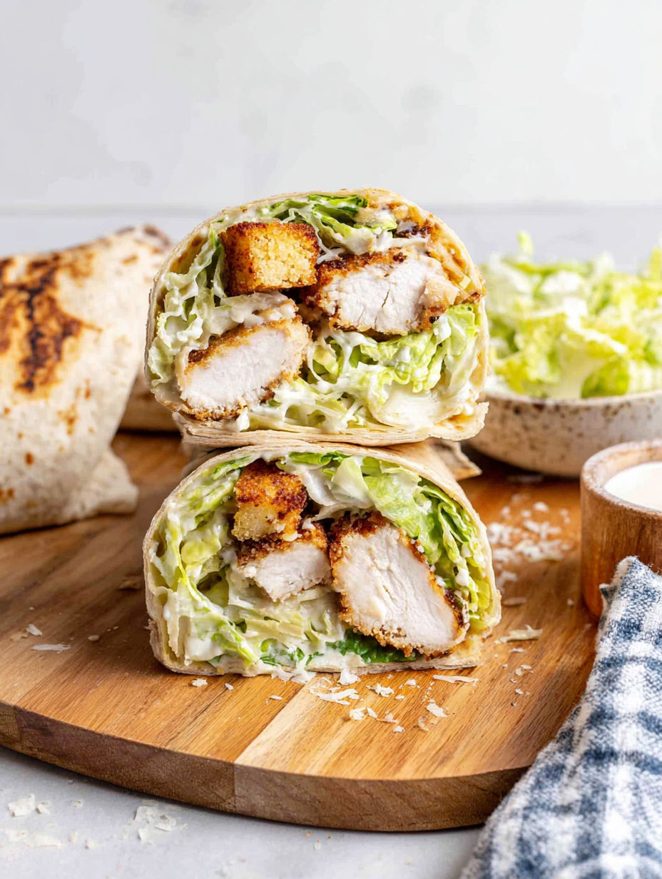 A chicken Caesar wrap is displayed on a cutting board.