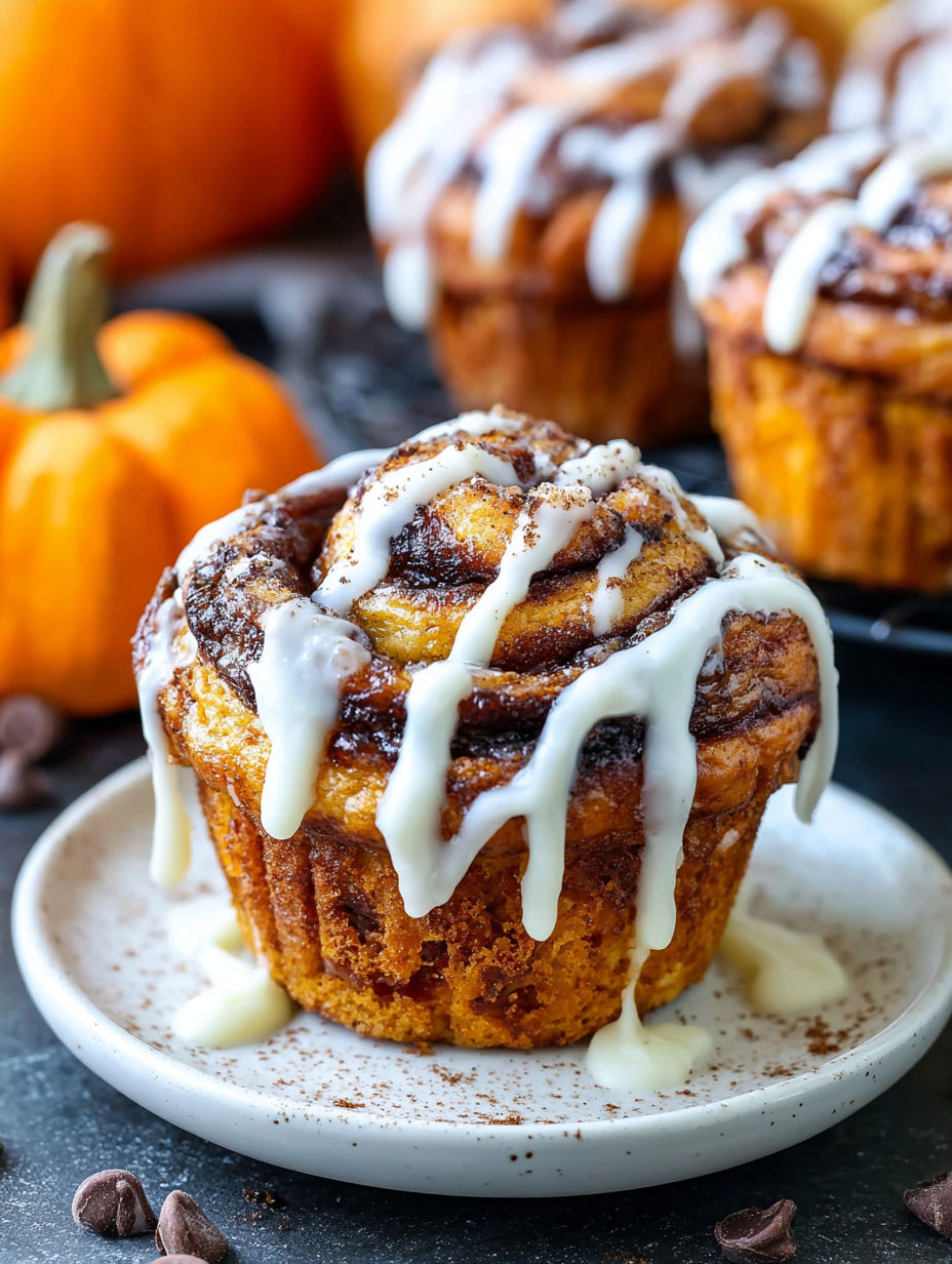 A plate of cinnamon roll muffins with white icing and drizzled with caramel.