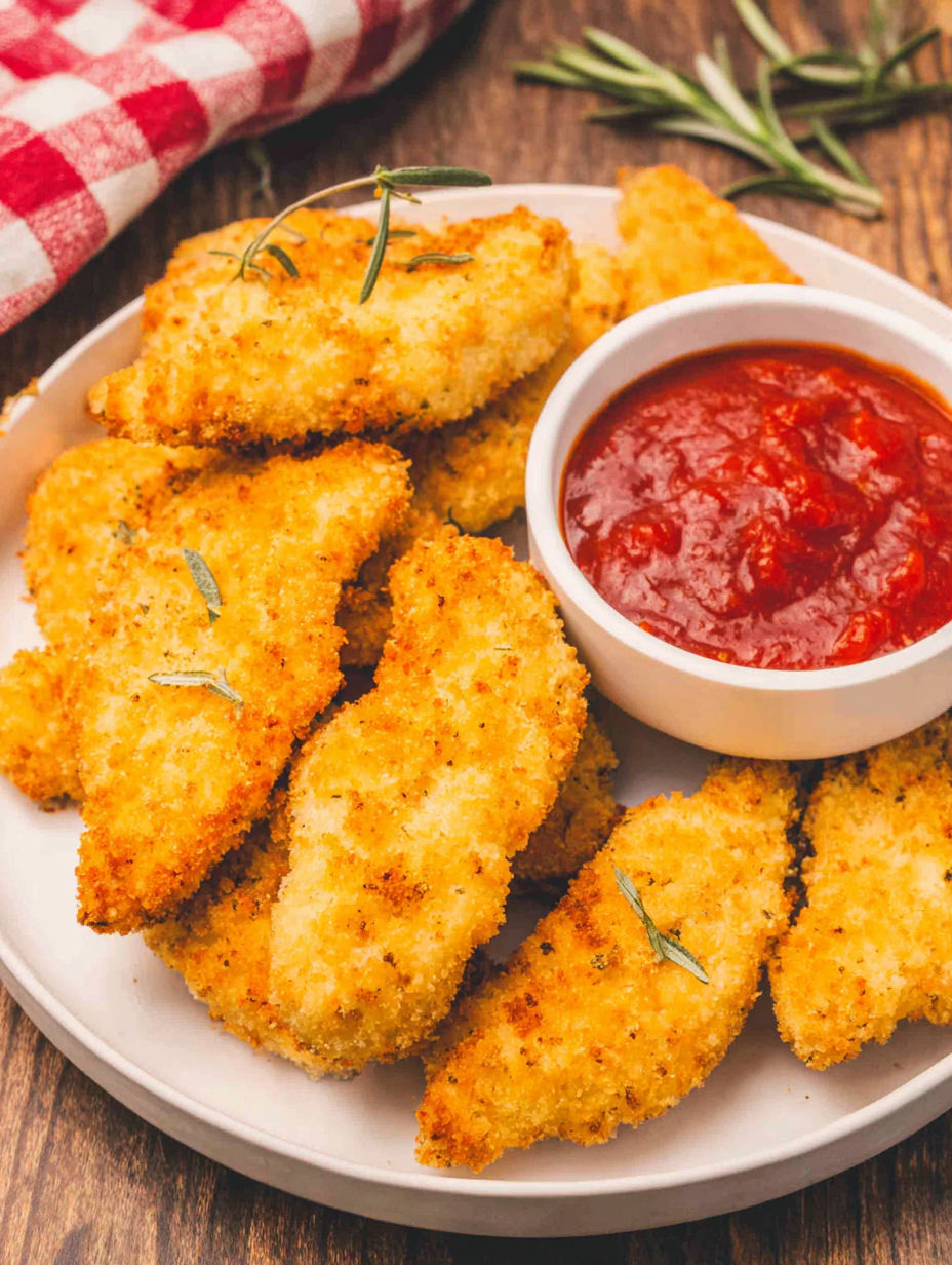 A plate of homemade chicken tenders with a bowl of marinara sauce.