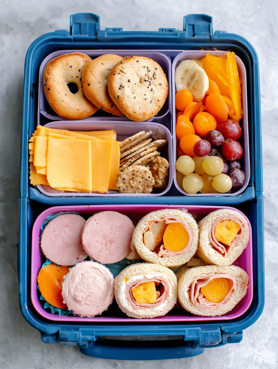 A kid's lunch box filled with various food items.
