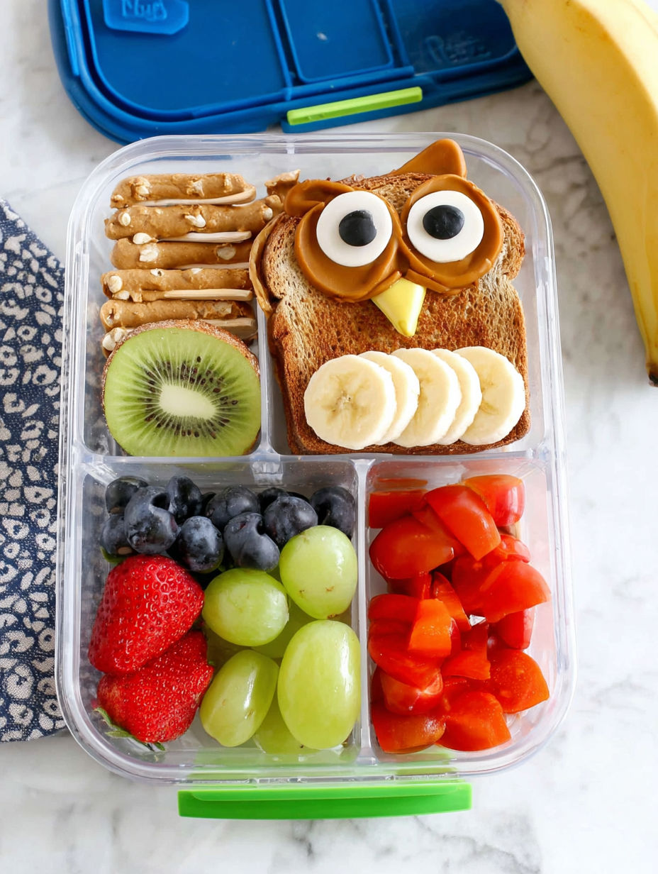 A fun lunch box with a banana, kiwi, strawberries, and toast.