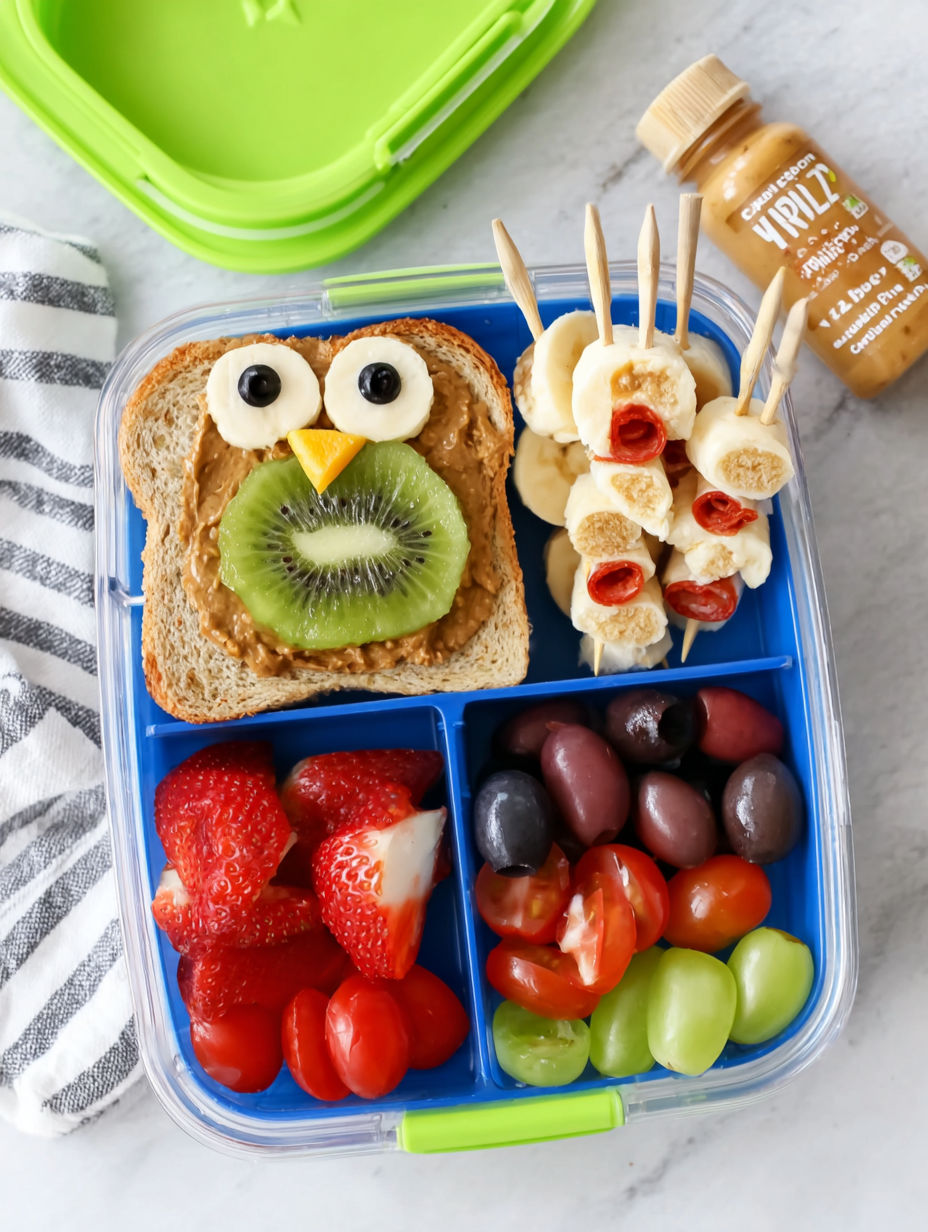A fun lunch idea for kids includes a sandwich with a kiwi face, bananas, strawberries, and grapes.