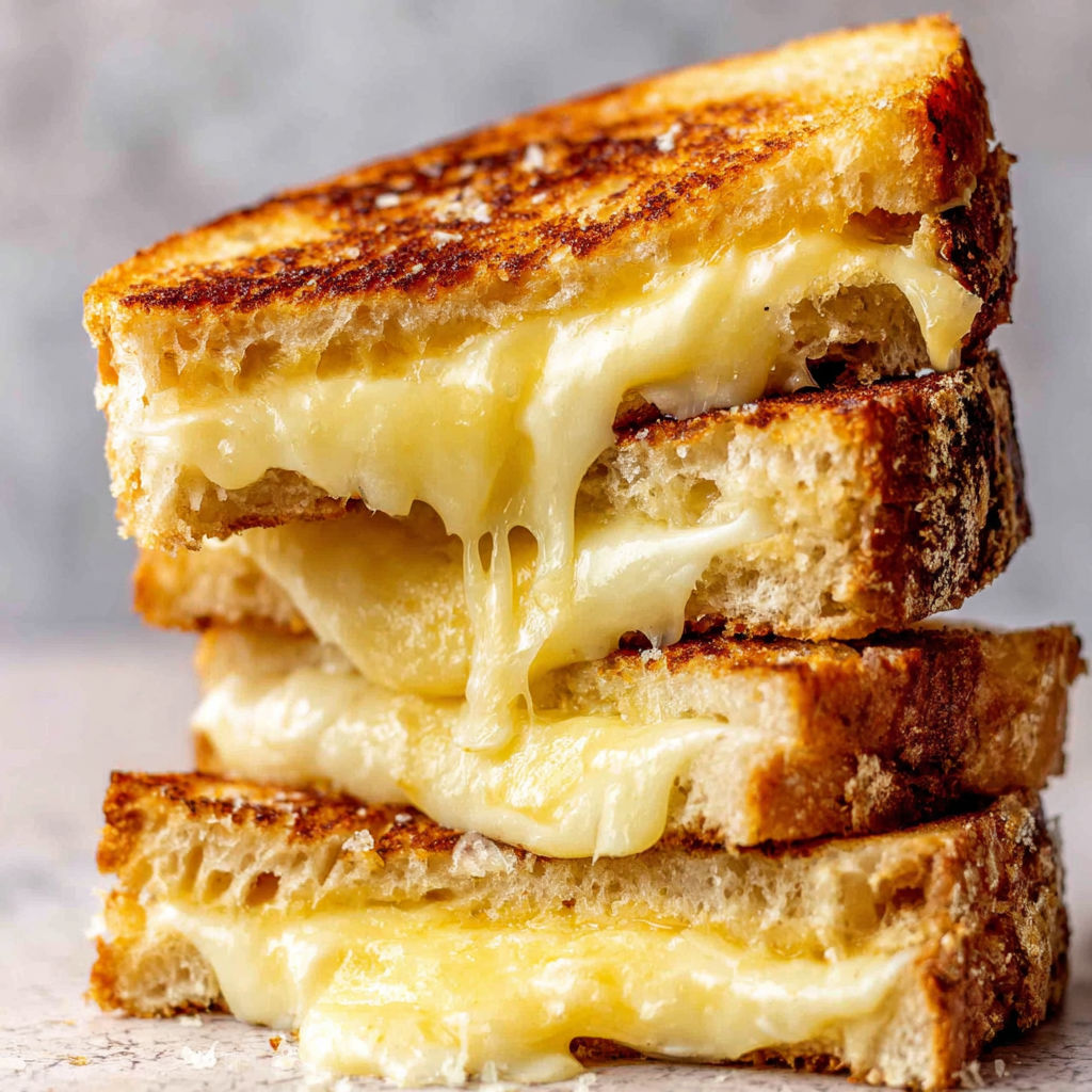 Three grilled cheese sandwiches stacked on top of each other.
