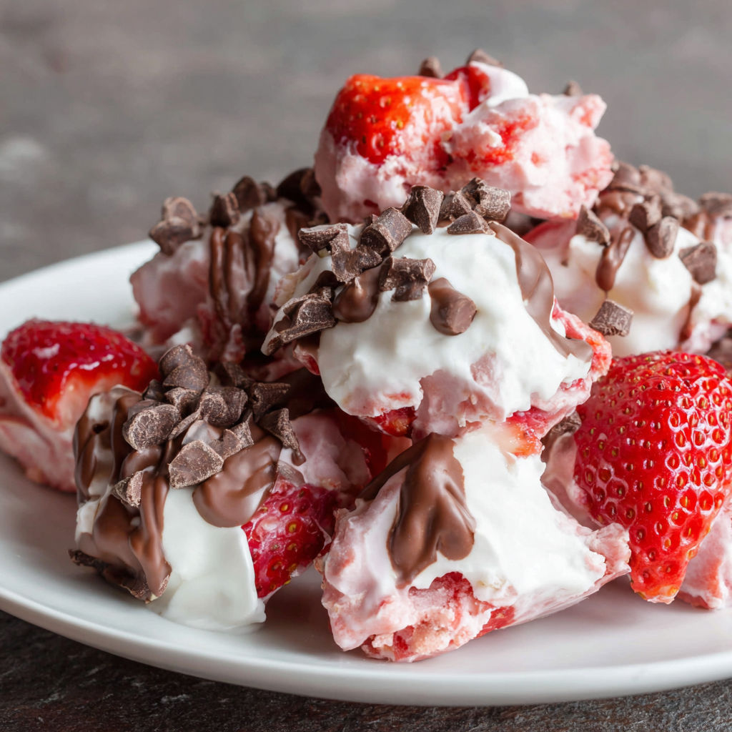 A plate of chocolate strawberry yogurt clusters.
