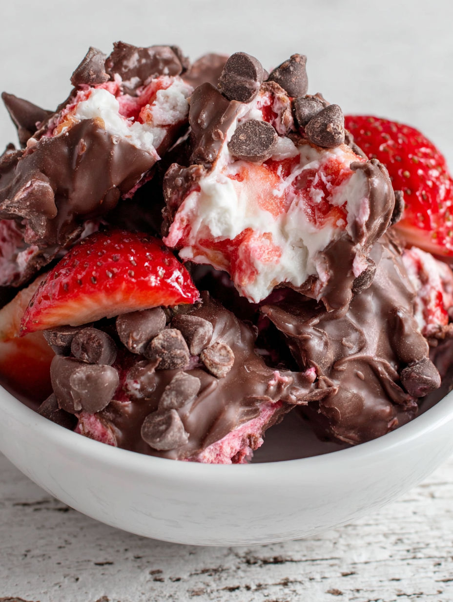 A bowl of chocolate and strawberry dessert.