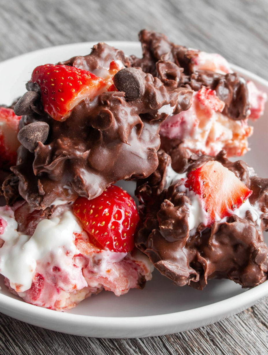 A plate of chocolate and strawberry dessert.