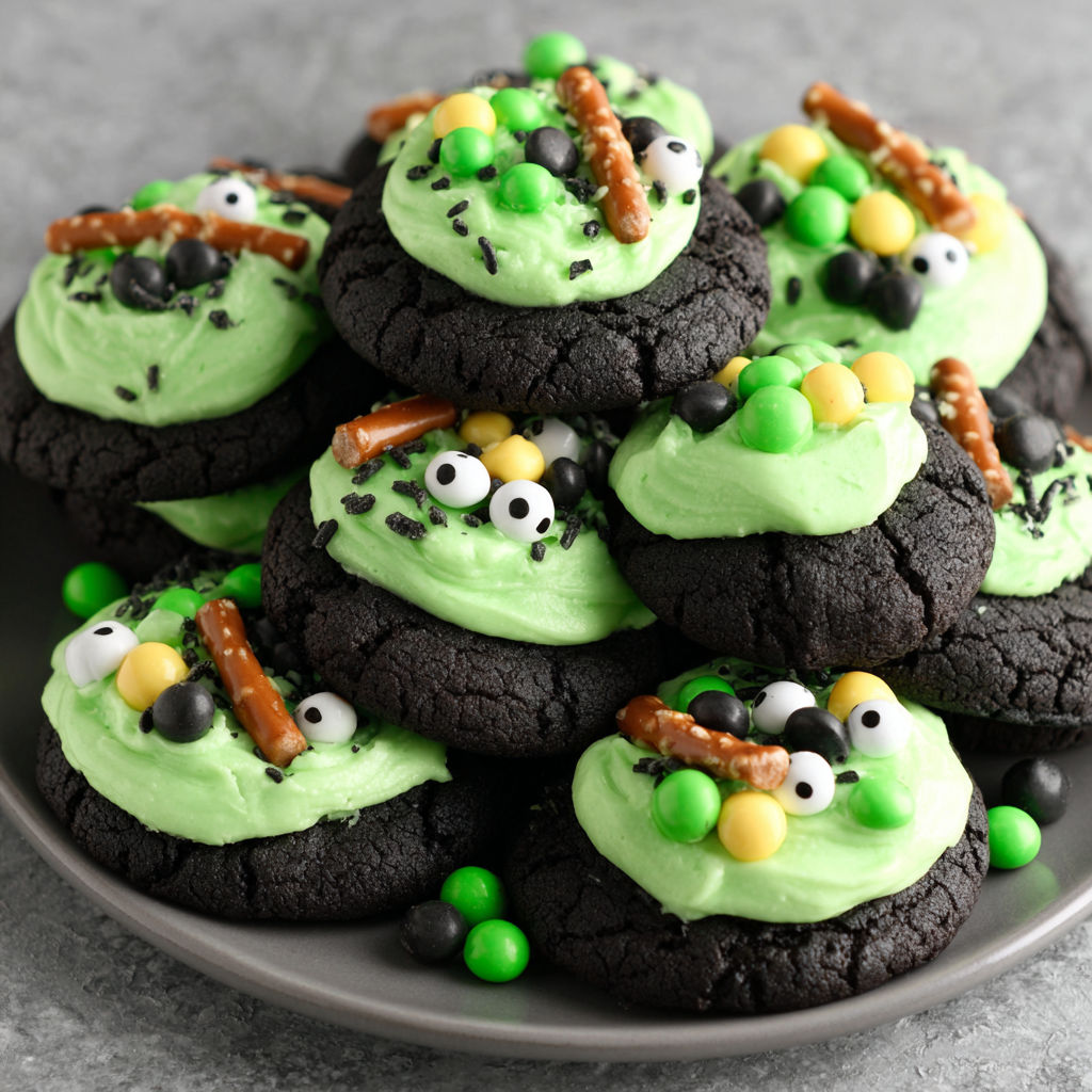 A plate of green and black cookies with a spooky design.