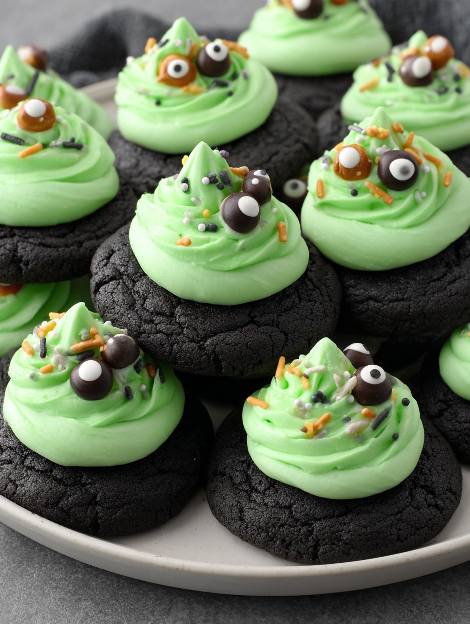 A plate of green cookies with black frosting.