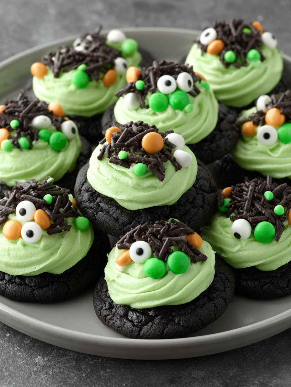 A plate of cupcakes with green frosting and orange sprinkles.