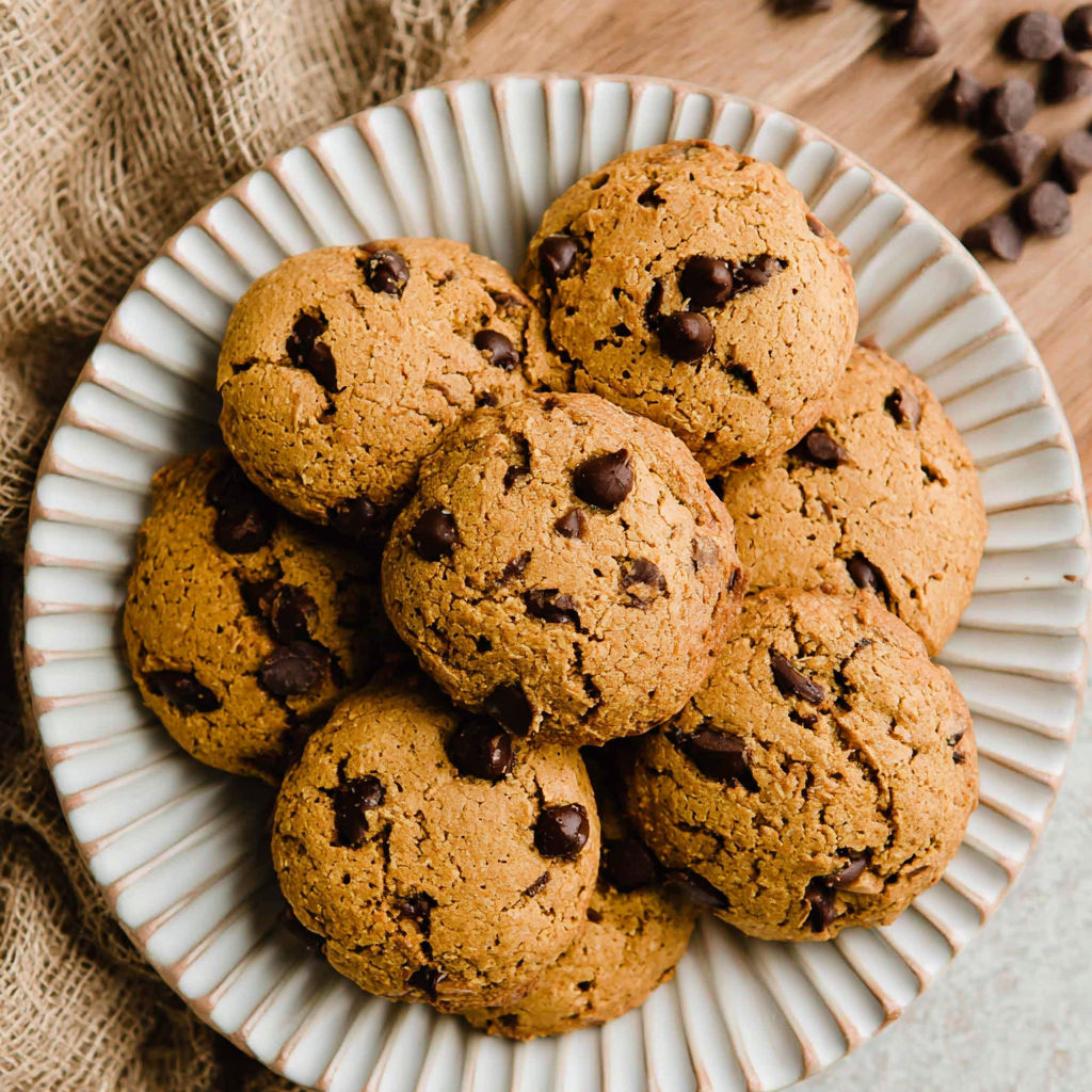 A plate of chocolate chip cookies.