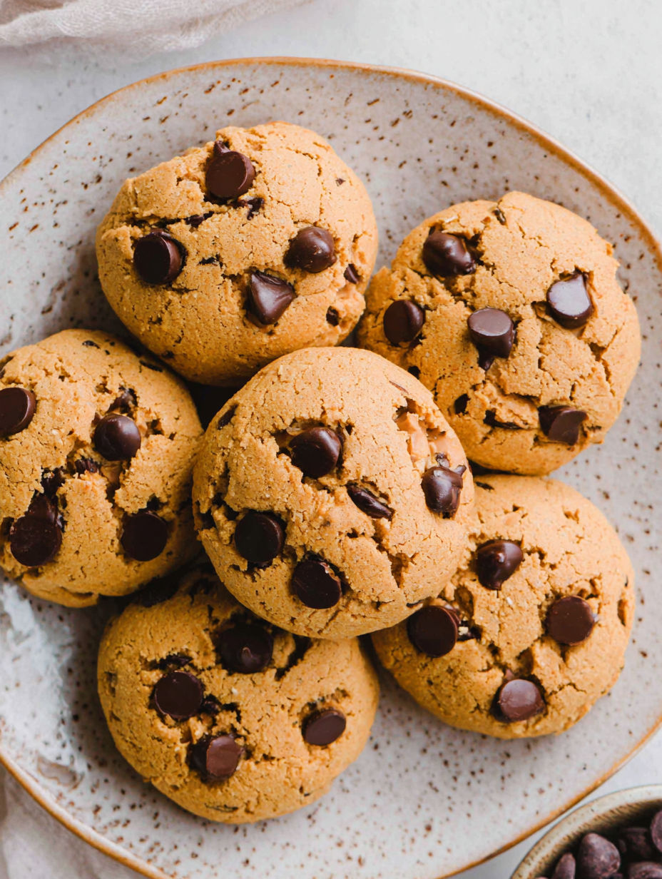 A plate of chocolate chip cookies.