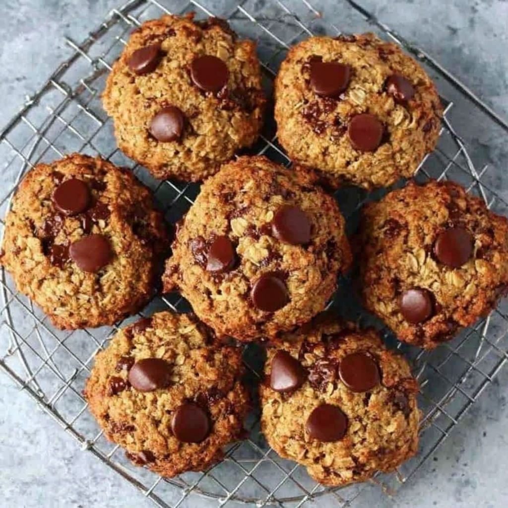 A tray of gluten-free oatmeal chocolate chip cookies.