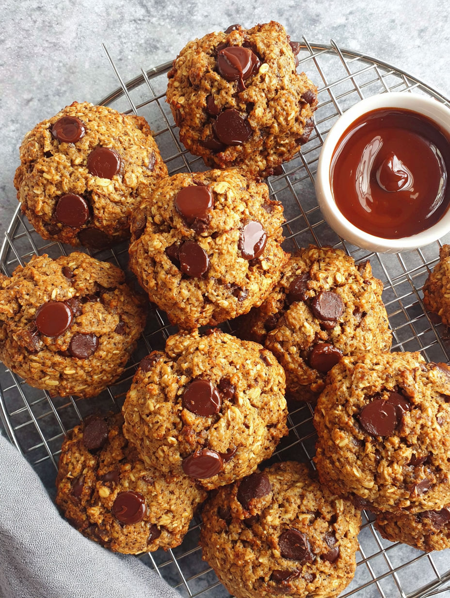 A plate of chocolate chip cookies with a bowl of chocolate sauce.