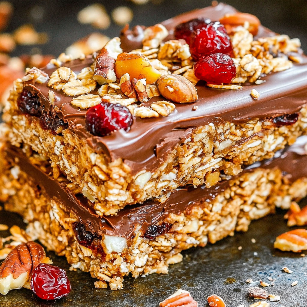 A close up of a granola bar with chocolate and nuts.