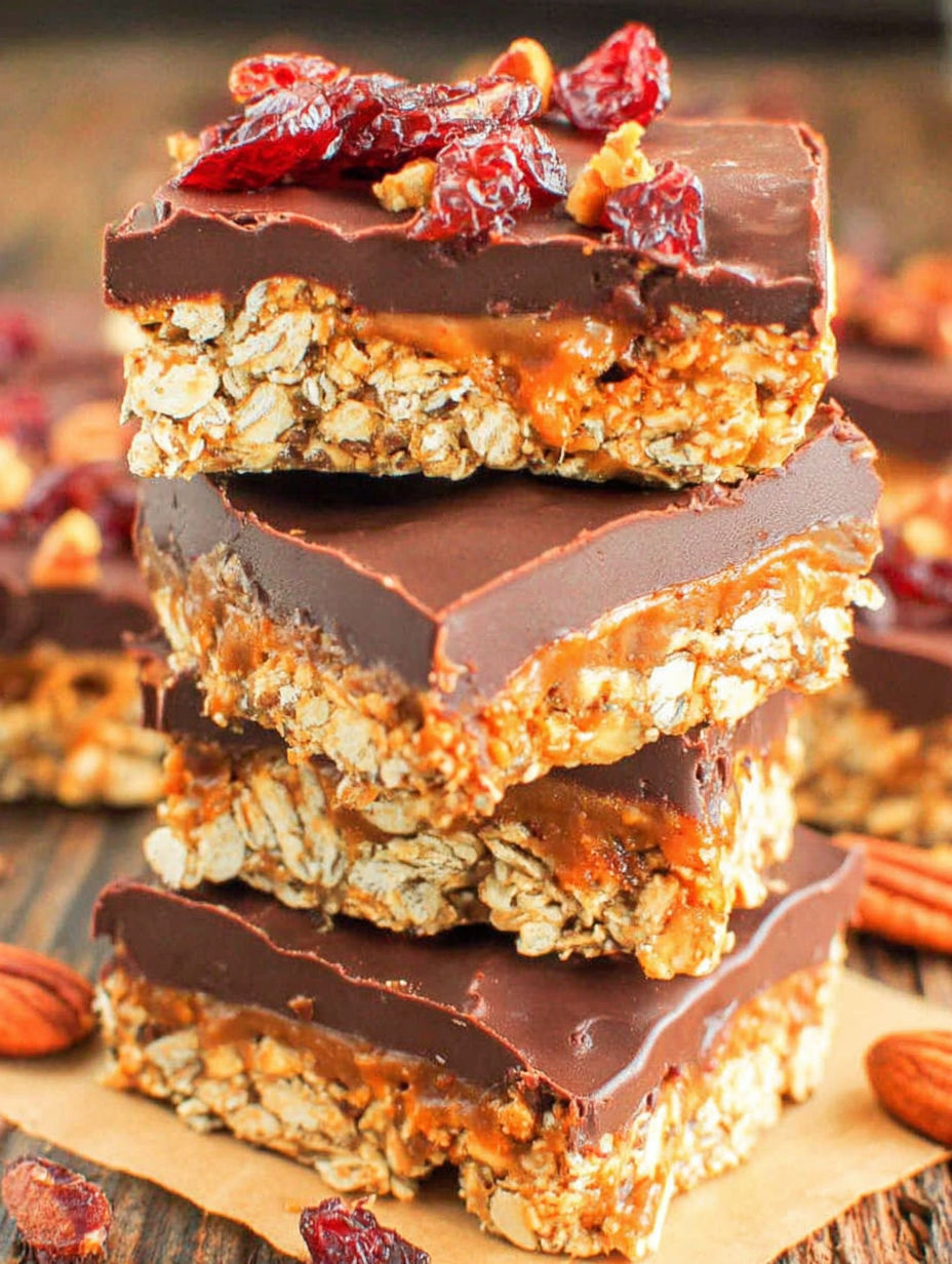 Three stacked slices of chocolate and granola bars.