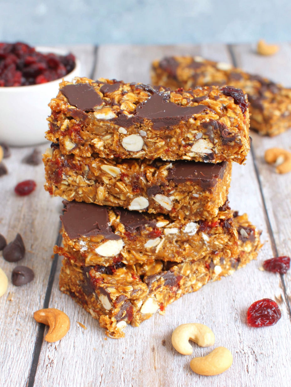 A stack of granola bars with chocolate and nuts.