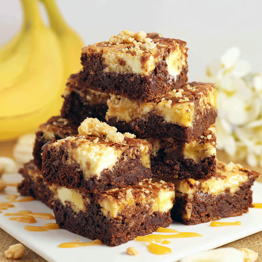 A stack of brownies with bananas on top.