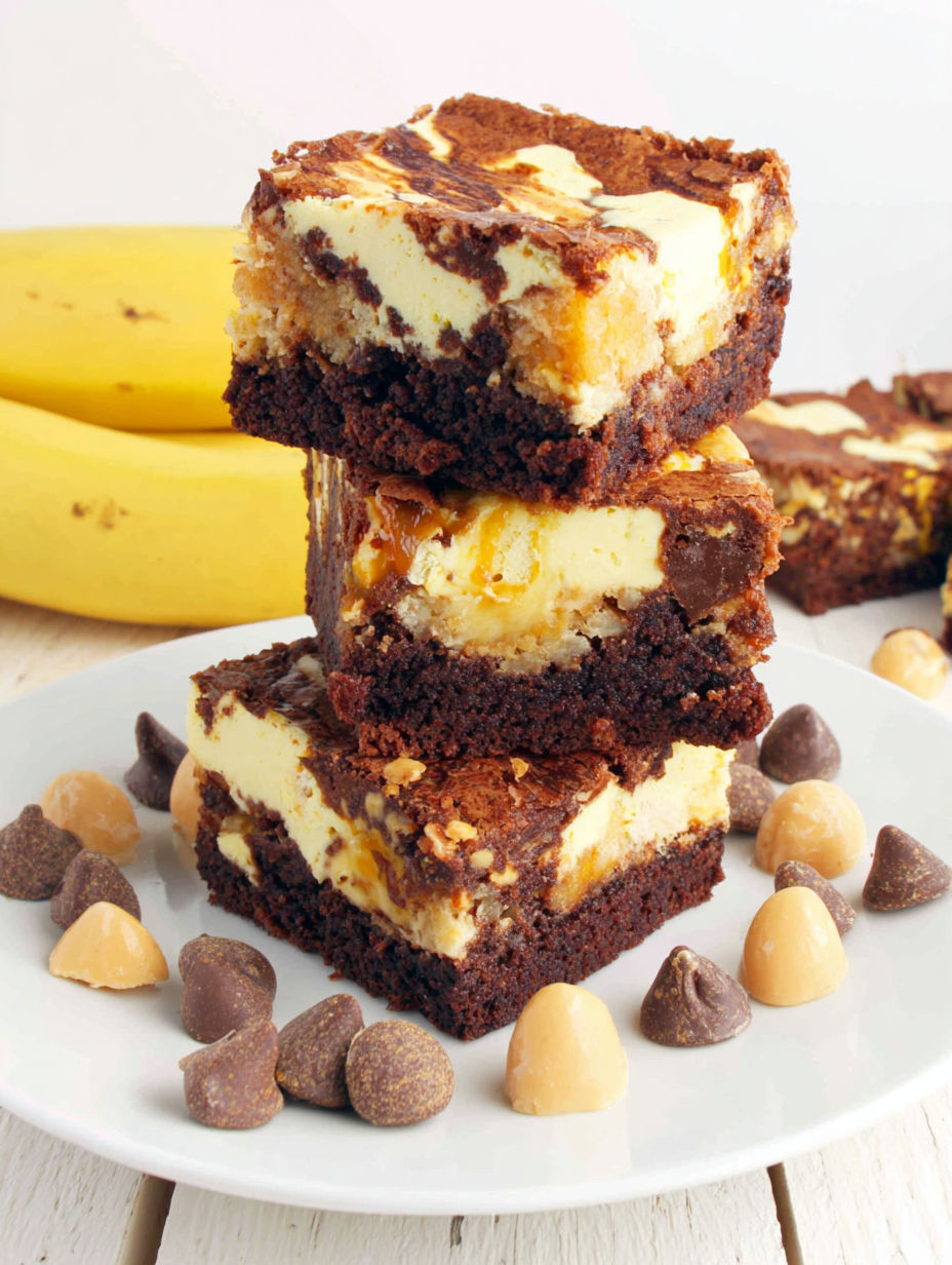 Three layers of brownies with bananas on top.