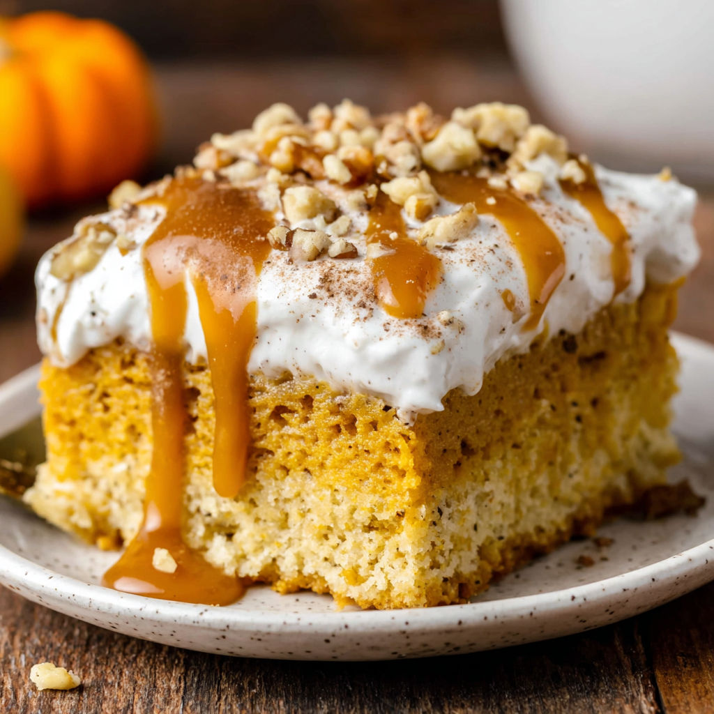 A slice of pumpkin poke cake with caramel drizzle.