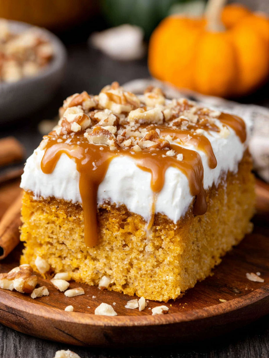 A slice of pumpkin poke cake with caramel drizzle.