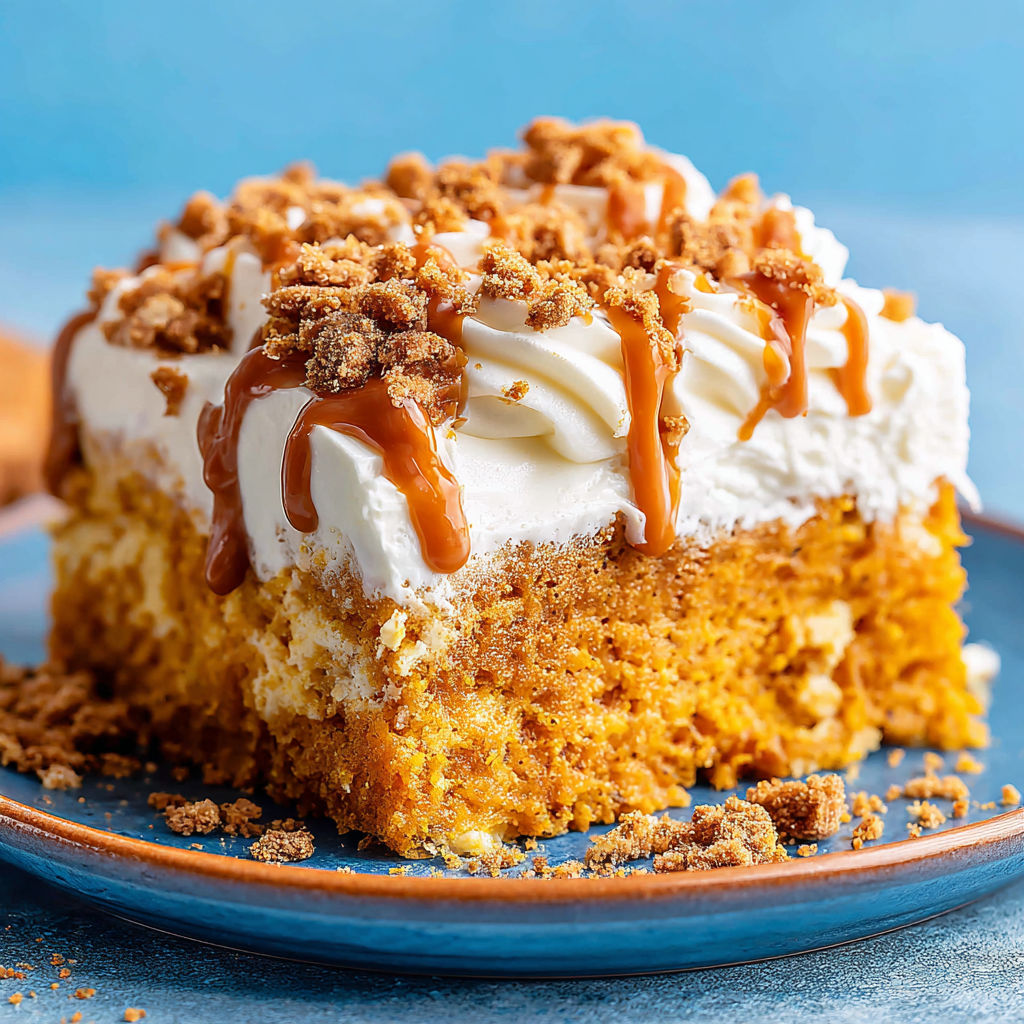 A slice of pumpkin spice poke cake on a blue plate.