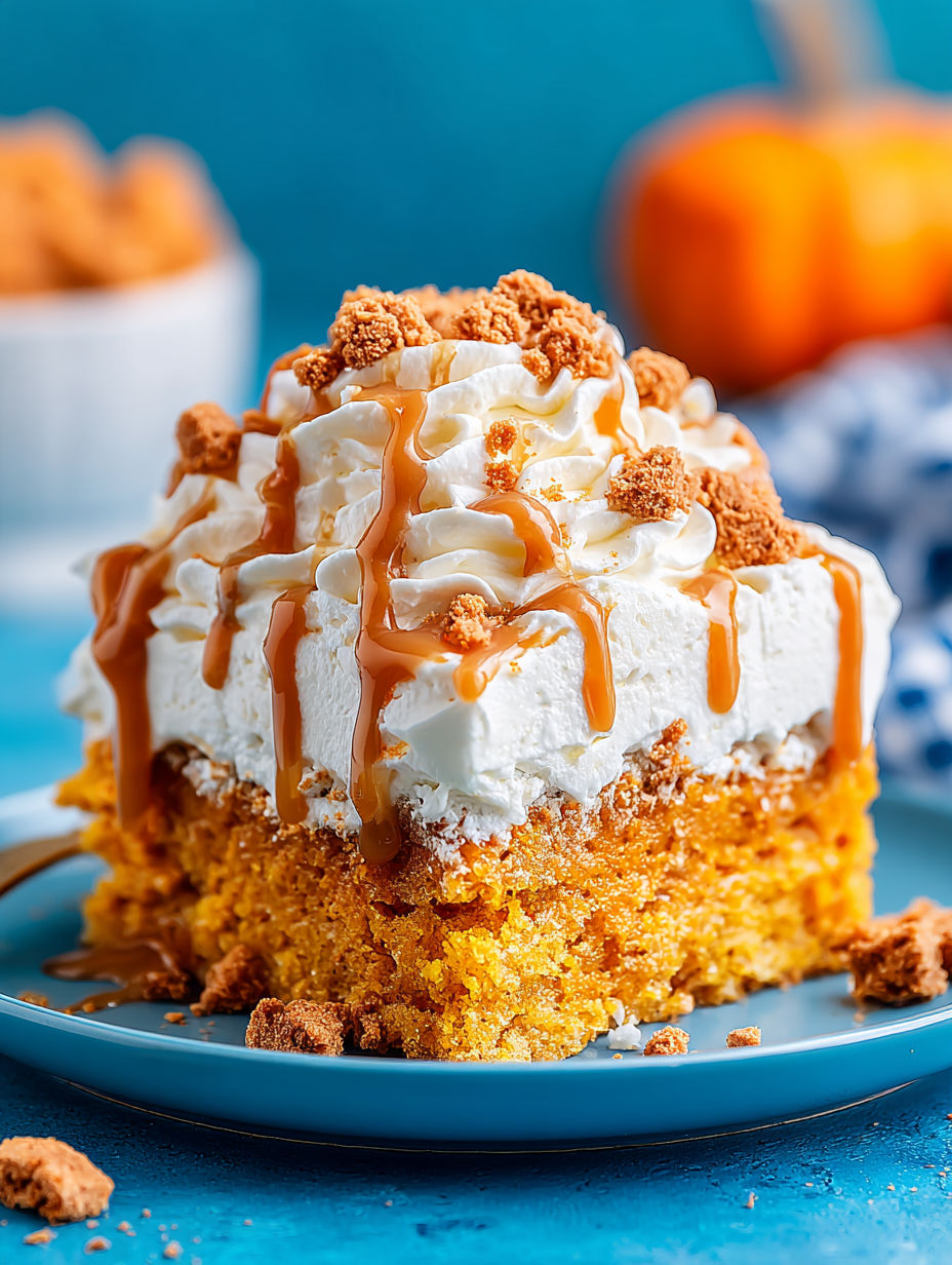 A slice of pumpkin spice poke cake on a blue plate.