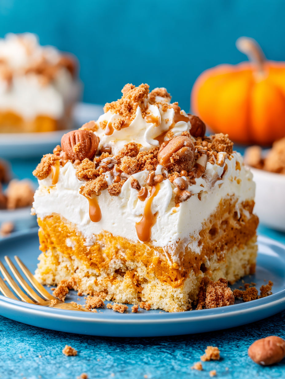 A slice of pumpkin spice poke cake on a blue plate.
