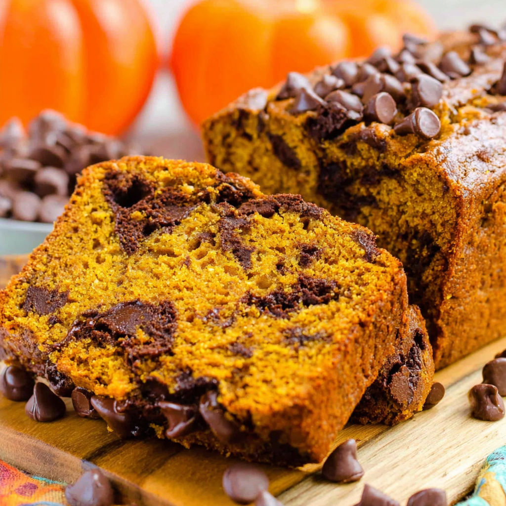 A slice of pumpkin bread with chocolate chips.